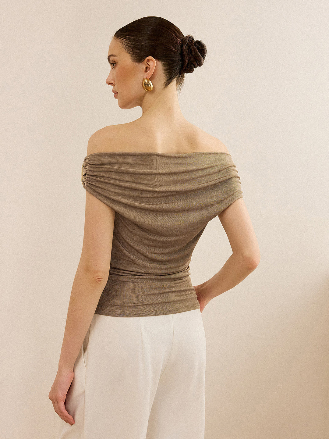 Off-Shoulder Ruched Top with Metal Buckle  Liora Lane Boutique T-Shirts