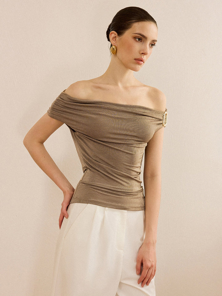 Off-Shoulder Ruched Top with Metal Buckle  Liora Lane Boutique T-Shirts