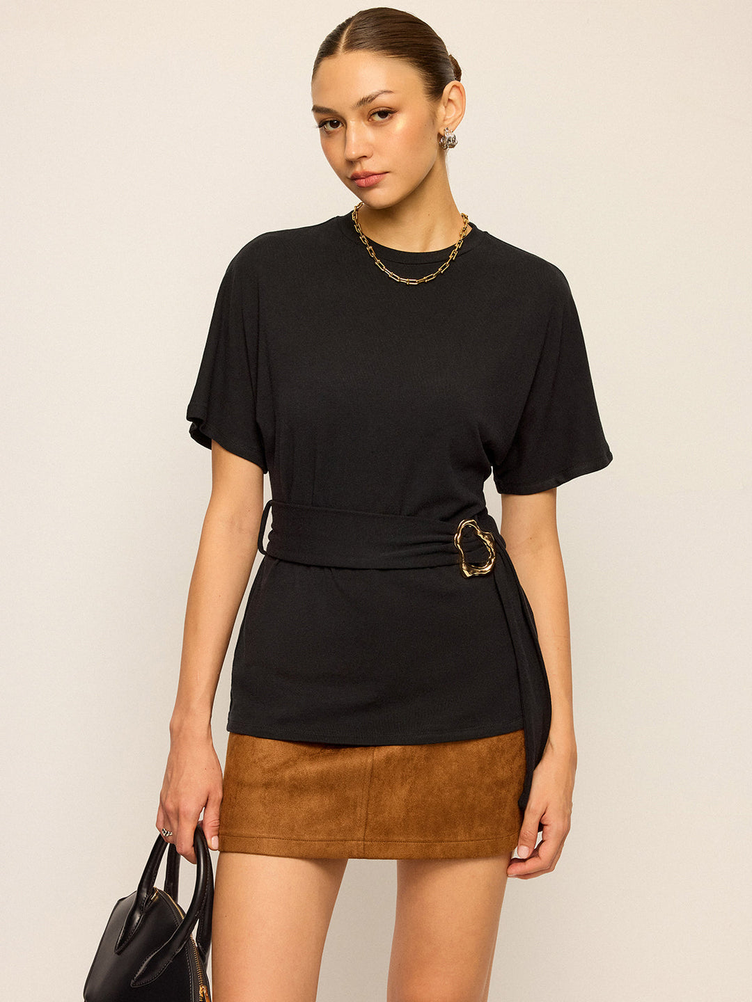 Belted Short-Sleeve Top  Liora Lane Boutique T-Shirts Black / XL 32.00