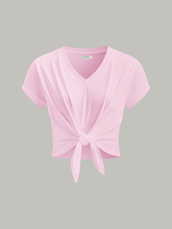 Knot Front V-Neck T-Shirt  Liora Lane Boutique T-Shirts Pink / XL 24.00