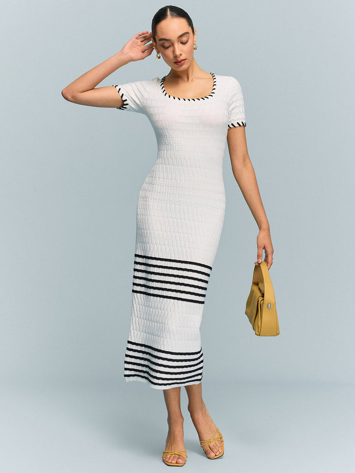 Textured Knit Midi Dress with Striped Hem  Liora Lane Boutique Sweater Dresses