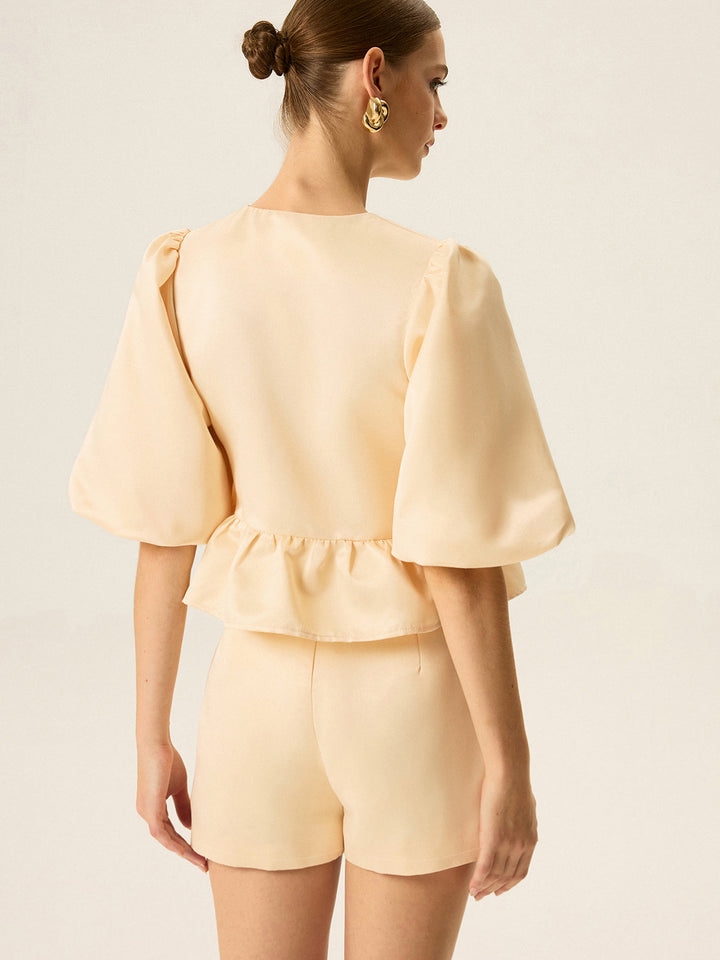 Puff Sleeve Peplum Top and Shorts Set  Liora Lane Boutique Short Sets