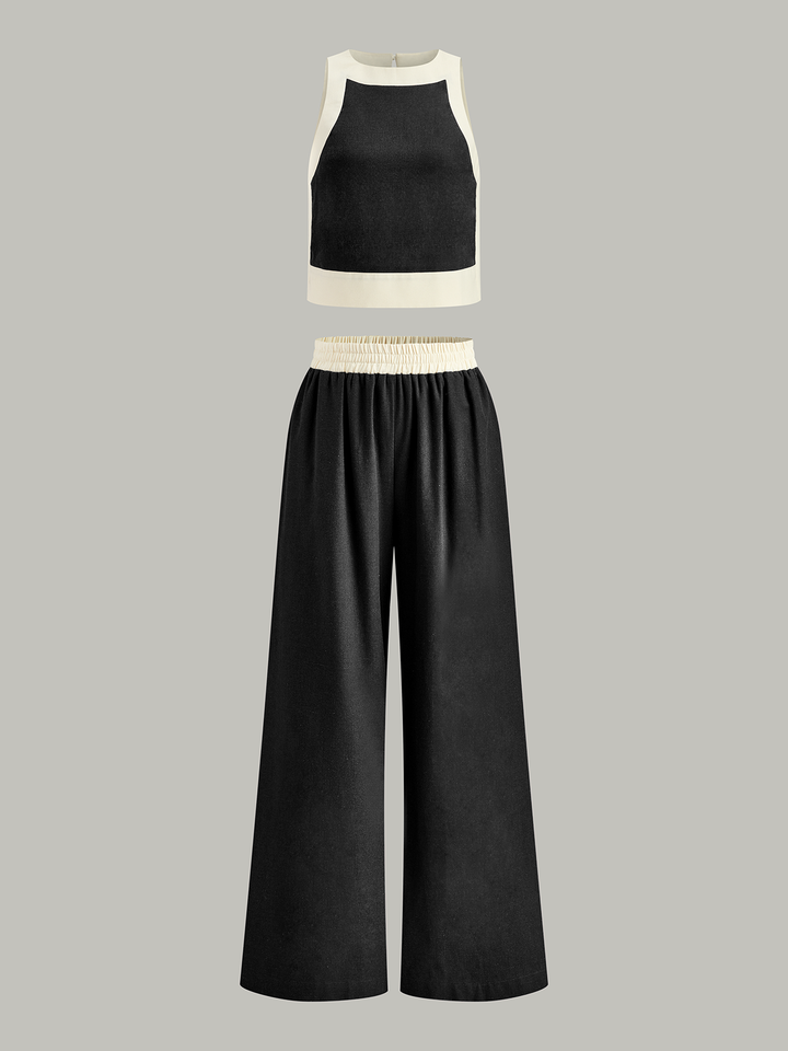 Contrast Trim Crop Top and Wide-Leg Pants Set  Liora Lane Boutique Pant Sets Black / XL 151.99