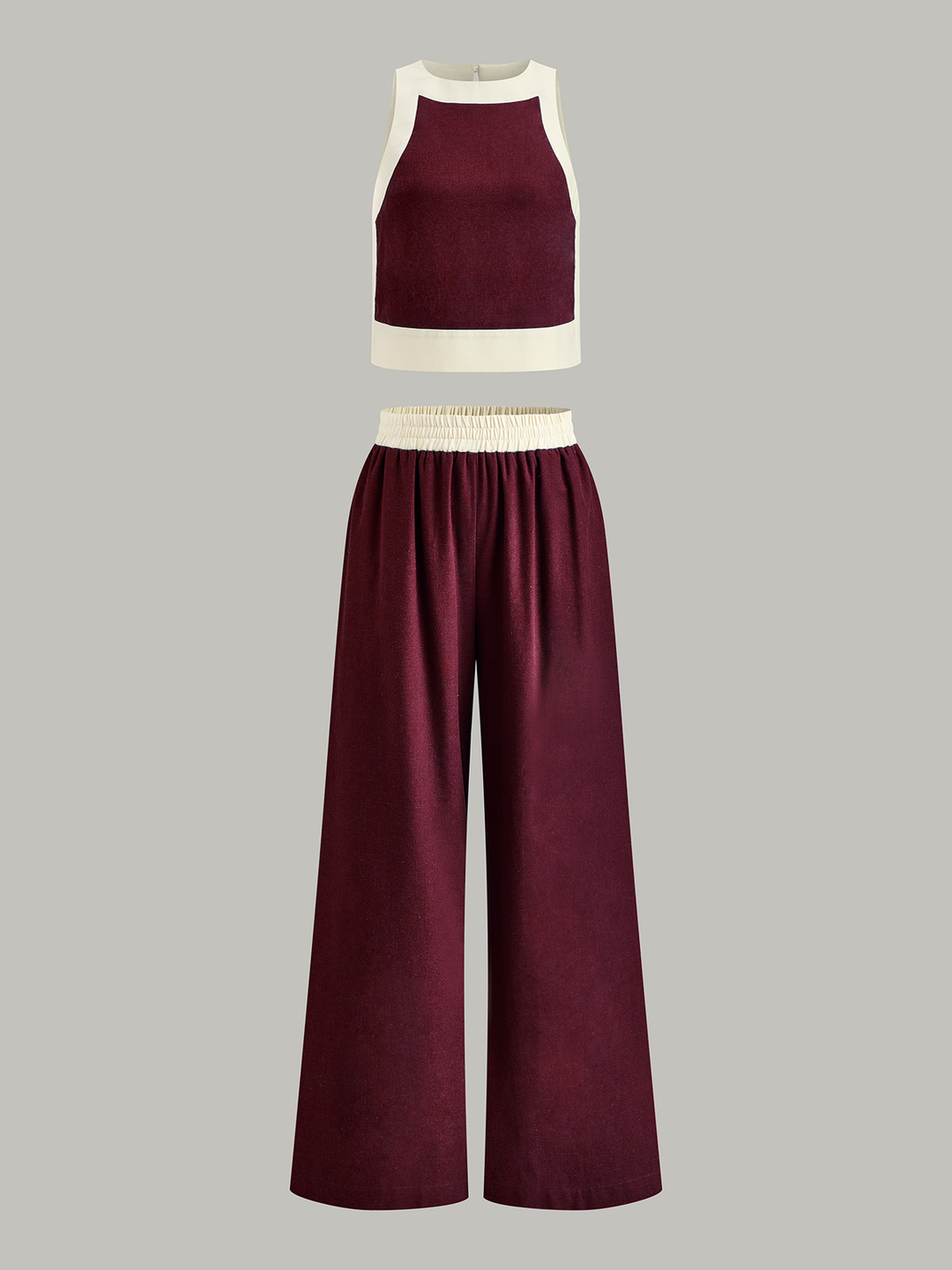 Contrast Trim Crop Top and Wide-Leg Pants Set  Liora Lane Boutique Pant Sets Burgundy / XL 151.99