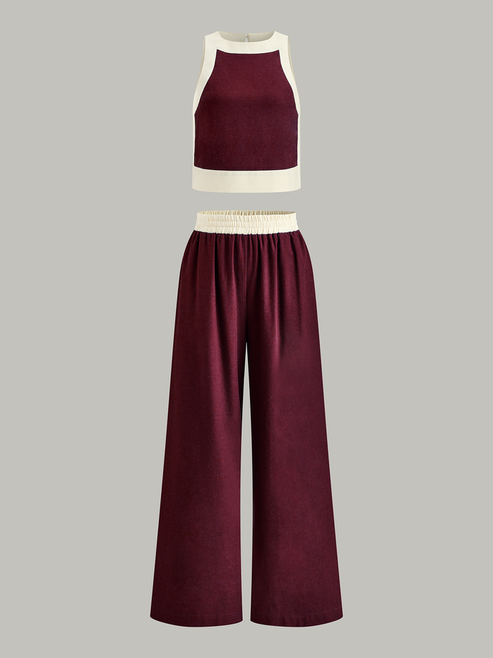 Contrast Trim Crop Top and Wide-Leg Pants Set  Liora Lane Boutique Pant Sets Burgundy / XL 151.99