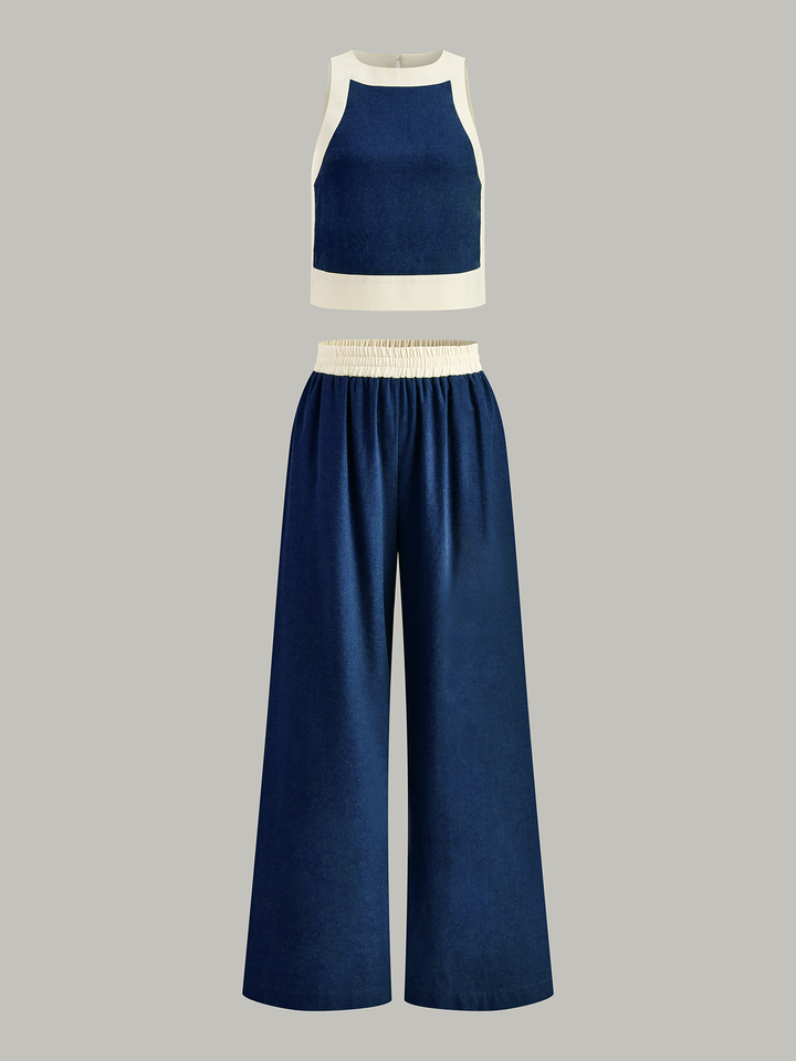 Contrast Trim Crop Top and Wide-Leg Pants Set  Liora Lane Boutique Pant Sets Navy / XL 151.99