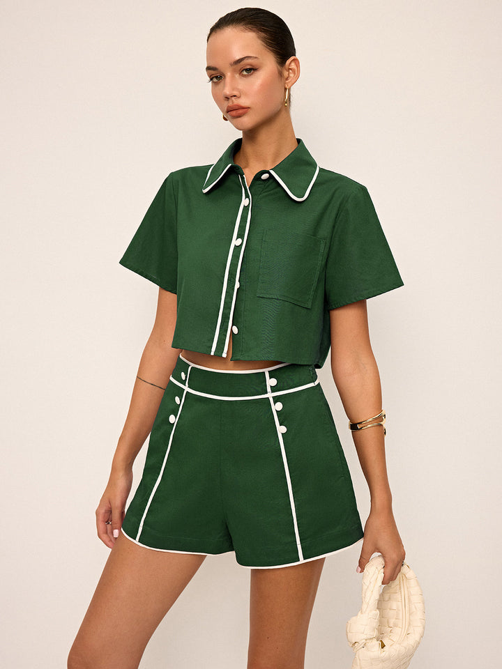Contrast Piping Crop Shirt and Shorts Set  Liora Lane Boutique Short Sets Green / XL 55.00