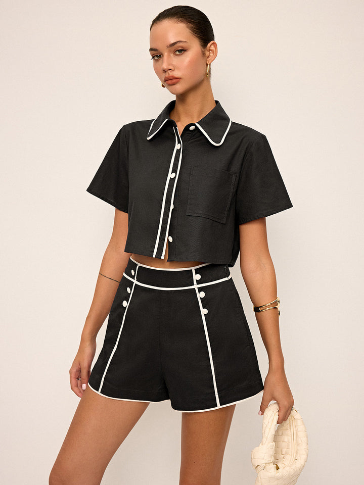 Contrast Piping Crop Shirt and Shorts Set  Liora Lane Boutique Short Sets Black / XL 55.00