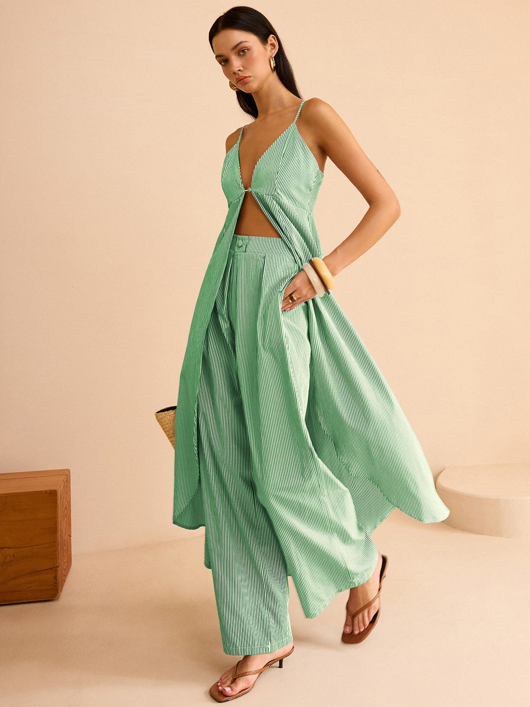 Striped Long Cami Top and Wide-Leg Pants Set  Liora Lane Boutique Pant Sets Green / XL 127.99