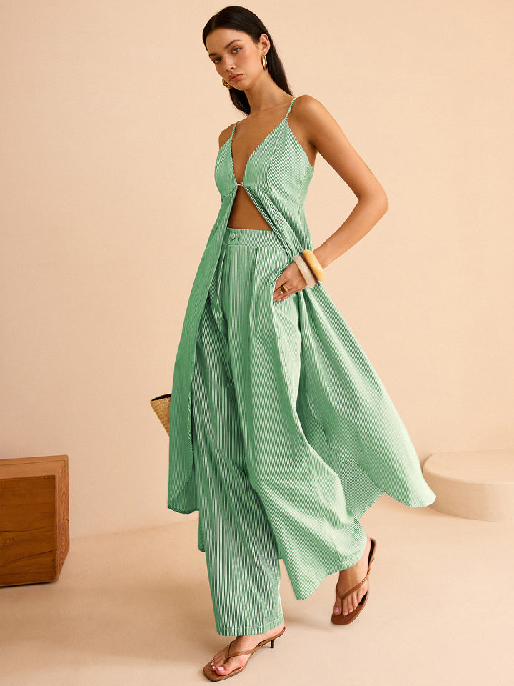 Striped Long Cami Top and Wide-Leg Pants Set  Liora Lane Boutique Pant Sets Green / XL 127.99