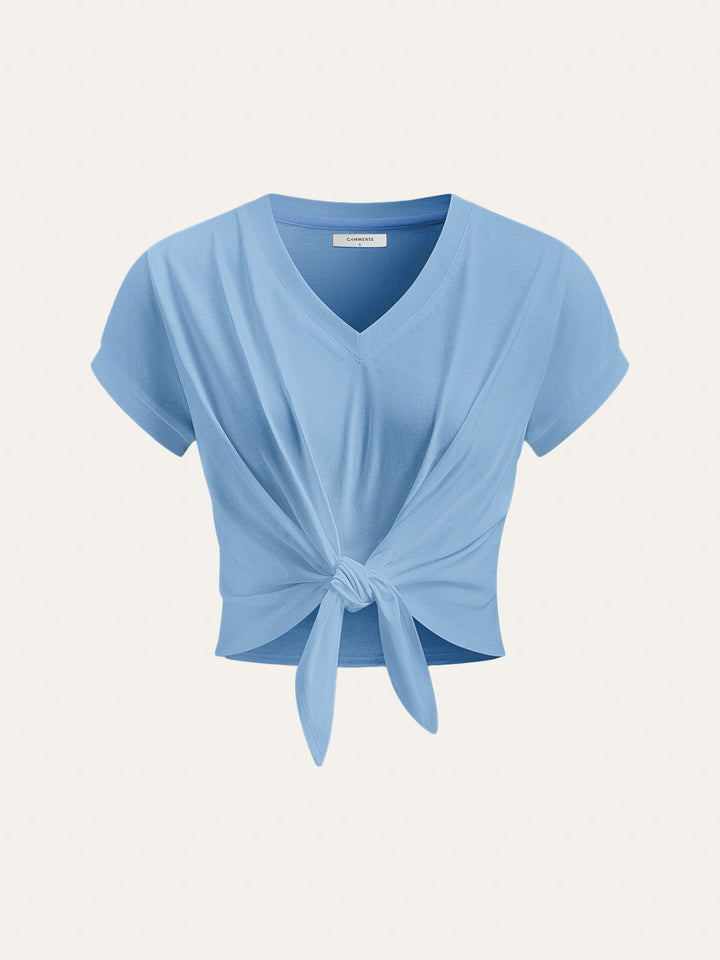 Knot Front V-Neck T-Shirt  Liora Lane Boutique T-Shirts Blue / XL 24.00
