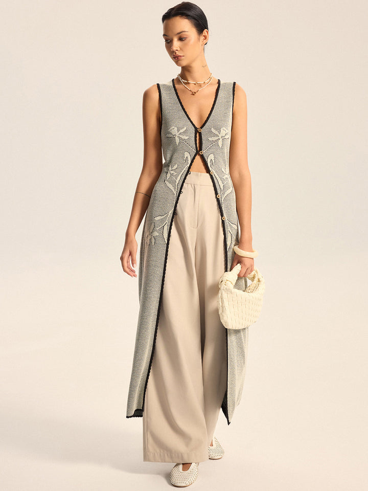 Floral Contrast Trim Knit Maxi Vest  Liora Lane Boutique Cardigans Light Grey / XL 48.00