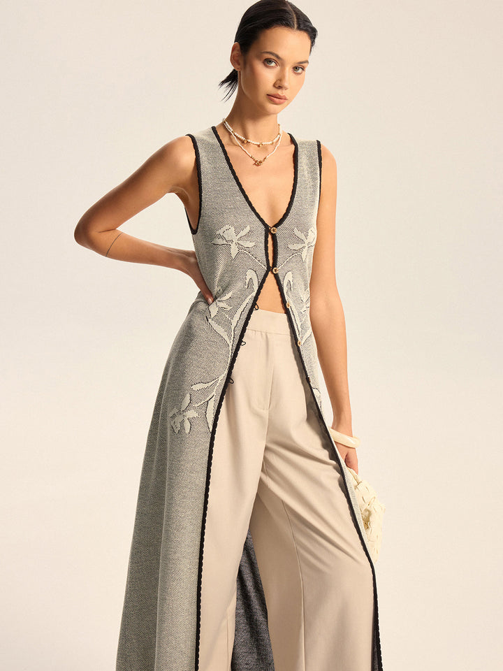 Floral Contrast Trim Knit Maxi Vest  Liora Lane Boutique Cardigans