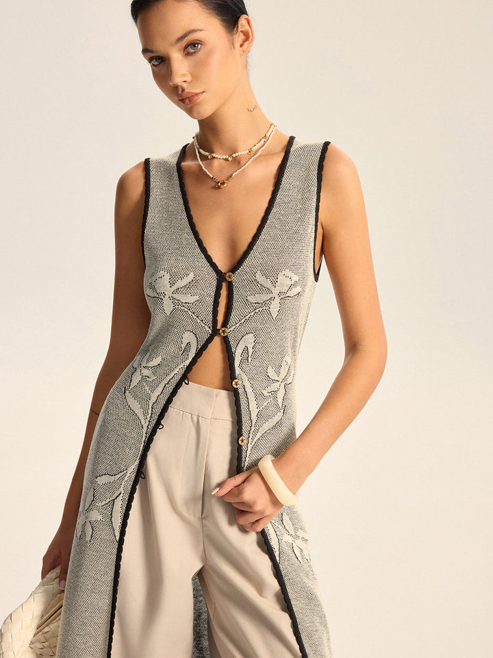 Floral Contrast Trim Knit Maxi Vest  Liora Lane Boutique Cardigans