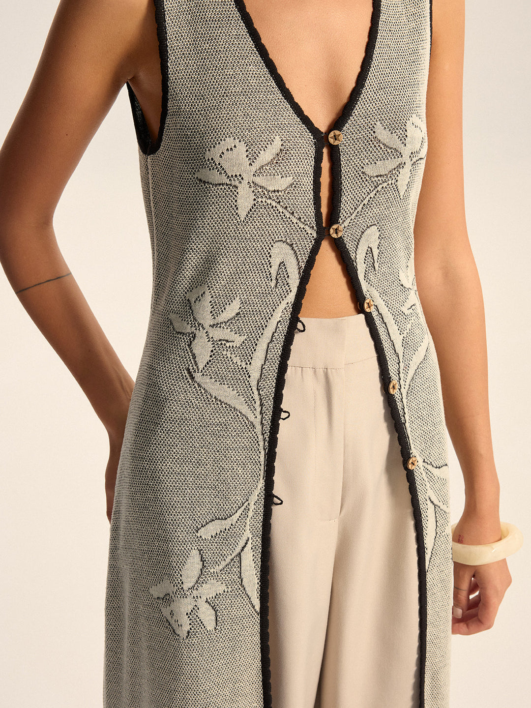 Floral Contrast Trim Knit Maxi Vest  Liora Lane Boutique Cardigans