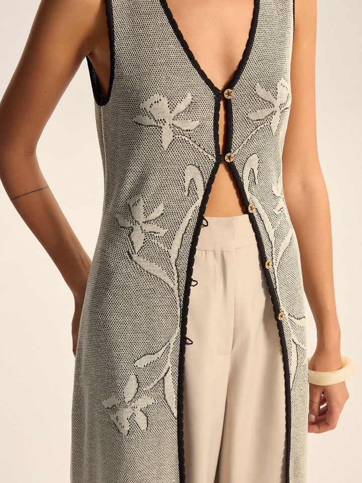Floral Contrast Trim Knit Maxi Vest  Liora Lane Boutique Cardigans