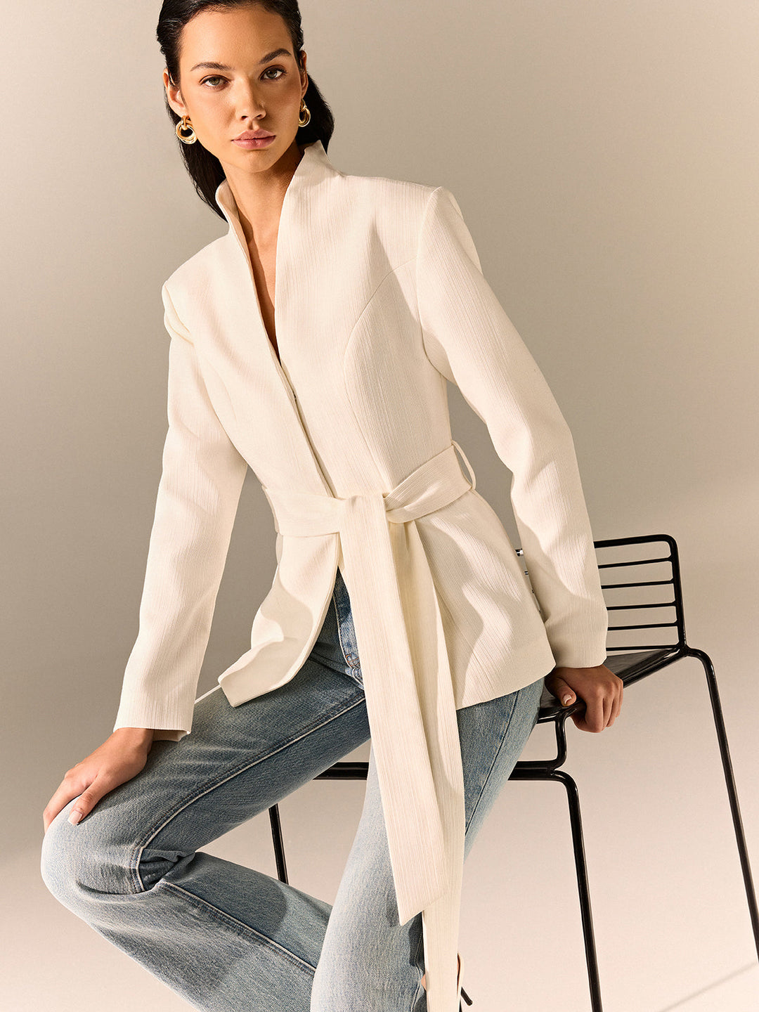 Stand Collar Belted Long Sleeve Blazer  Liora Lane Boutique Blazers