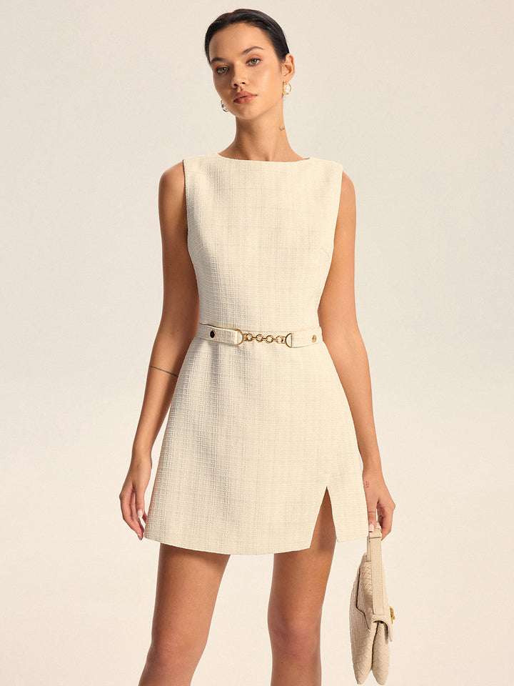 Tweed Slit Mini Dress with Detachable Belt  Liora Lane Boutique Dresses