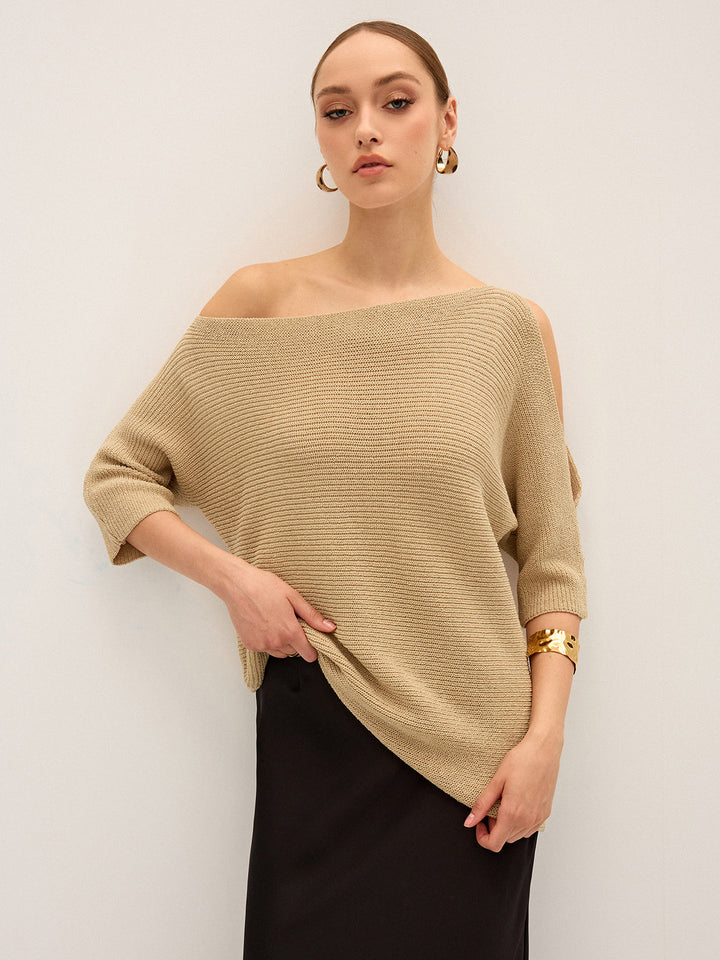 Asymmetric One-Shoulder Knitted Top  Liora Lane Boutique Sweaters Apricot / XL 52.00