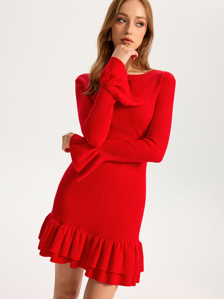 Wool Blend Knit Ruffled Flared Sleeve Mini Dress  Liora Lane Boutique Dresses