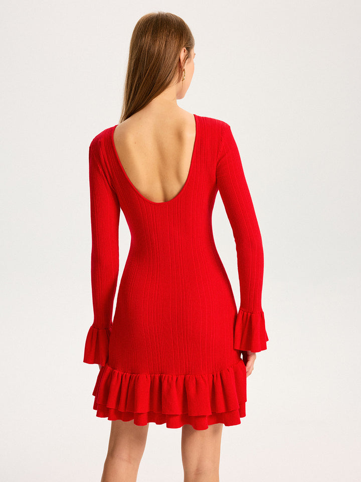 Wool Blend Knit Ruffled Flared Sleeve Mini Dress  Liora Lane Boutique Dresses Red / XL 56.00