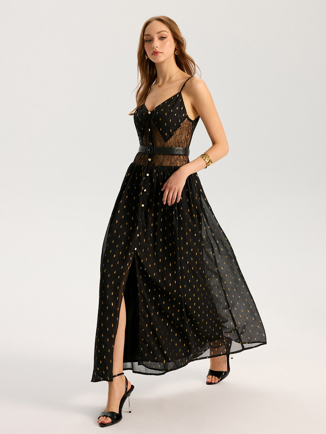 Semi-Sheer Lace Panel Slit Maxi Dress with Belt  Liora Lane Boutique Dresses
