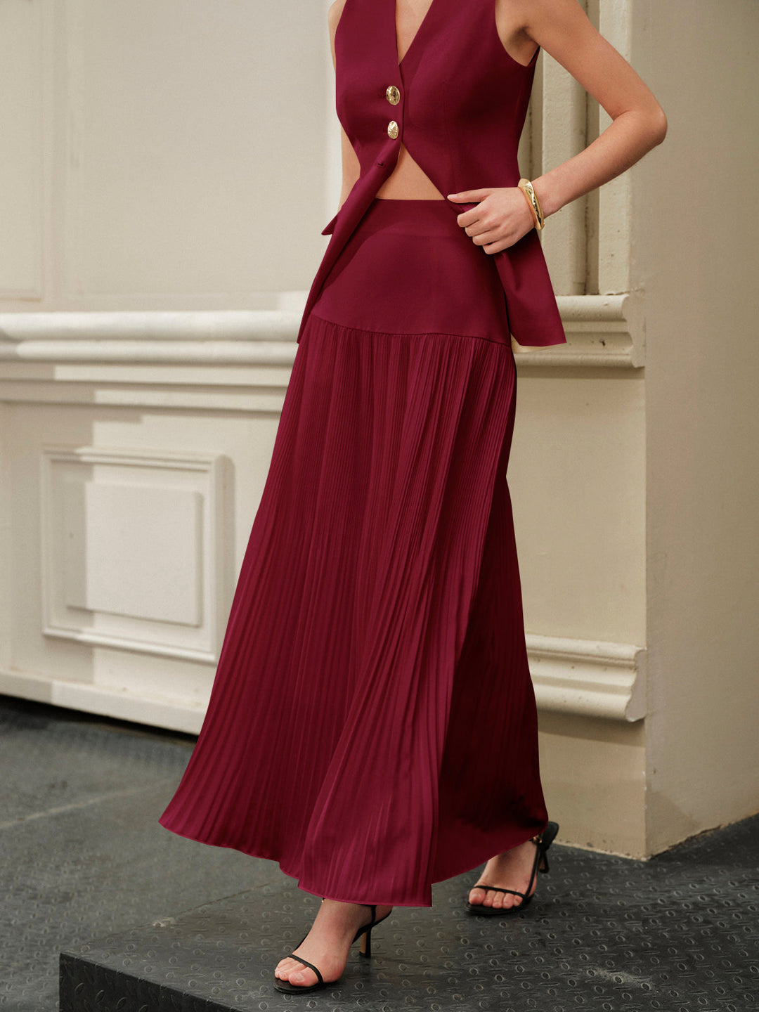 Mid-Waist Pleated Skirt  Liora Lane Boutique Skirts Burgundy / XL 52.00