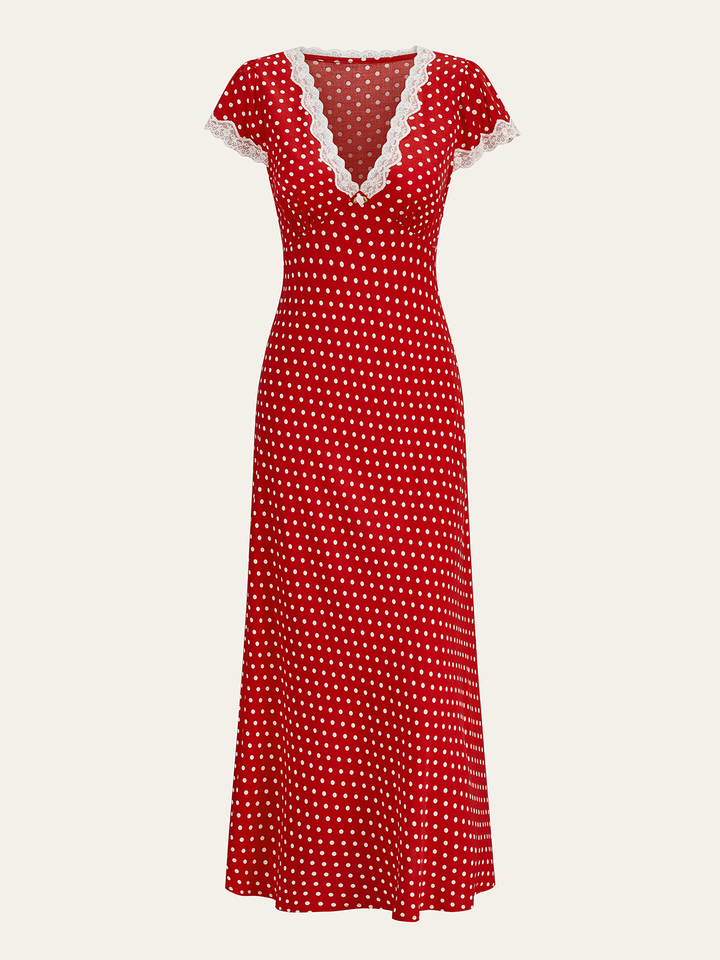 Polka Dot Lace-Trim Dress  Liora Lane Boutique Dresses Red / XL 89.99