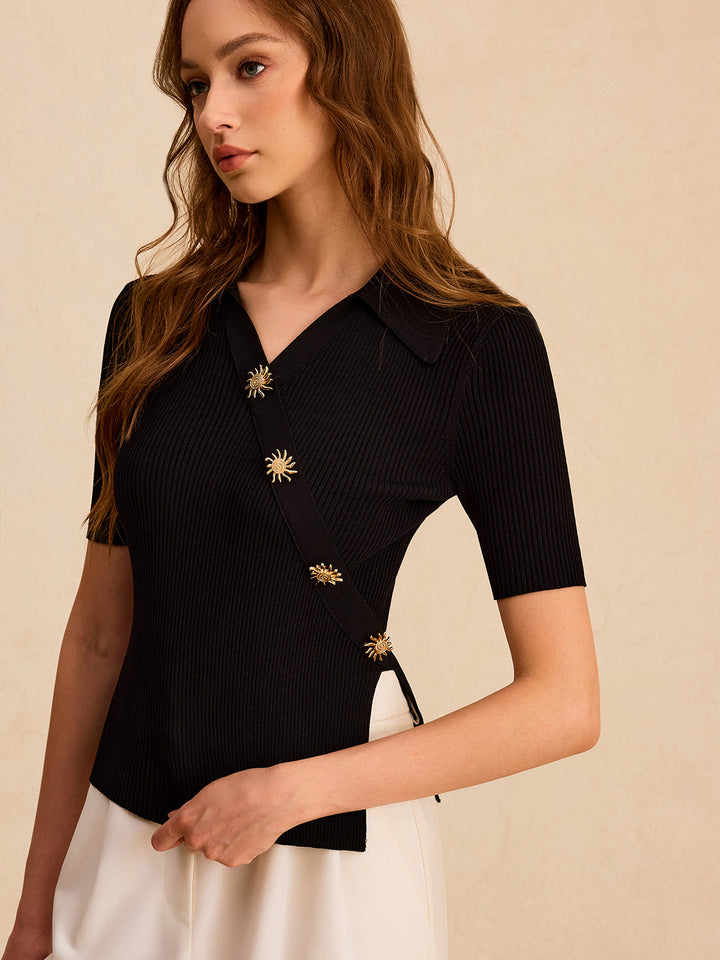 Asymmetric Metal Button Ribbed Knit Polo Top  Liora Lane Boutique Knit Tops