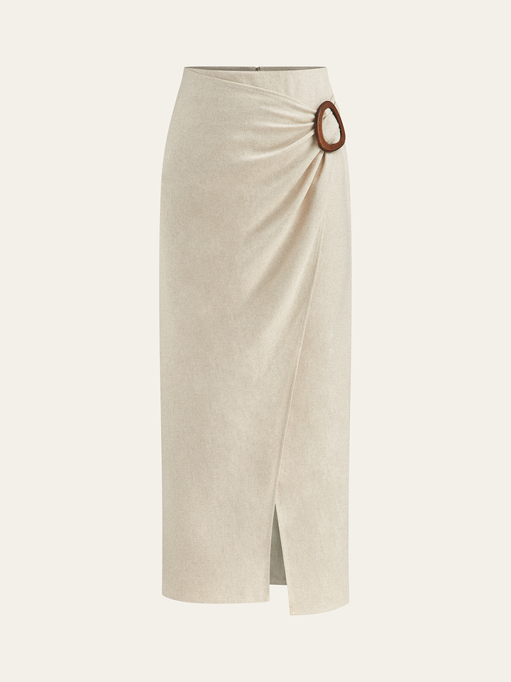 Linen Blend Wrap Midi Skirt with Wooden Buckle  Liora Lane Boutique Skirt Sets Beige / XL 36.00