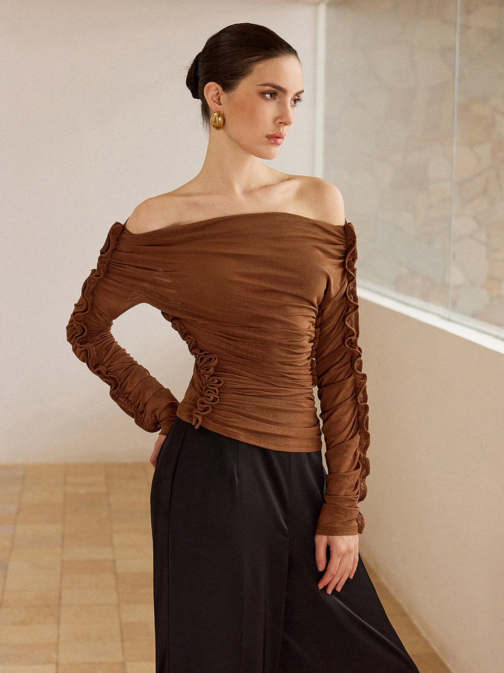 Off-Shoulder Ruched Top with Ruffled Sleeves  Liora Lane Boutique T-Shirts Brown / XL 29.00