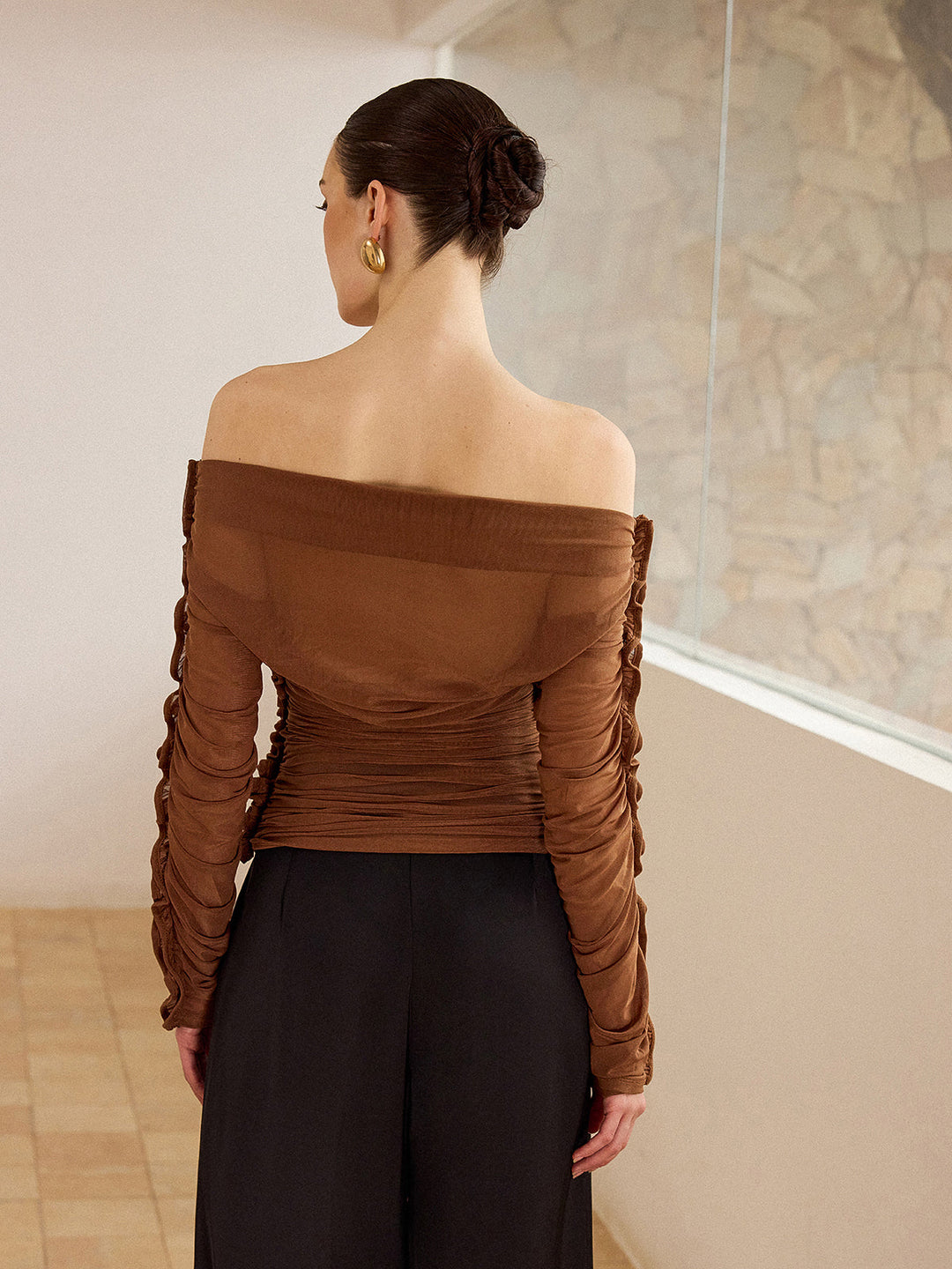 Off-Shoulder Ruched Top with Ruffled Sleeves  Liora Lane Boutique T-Shirts