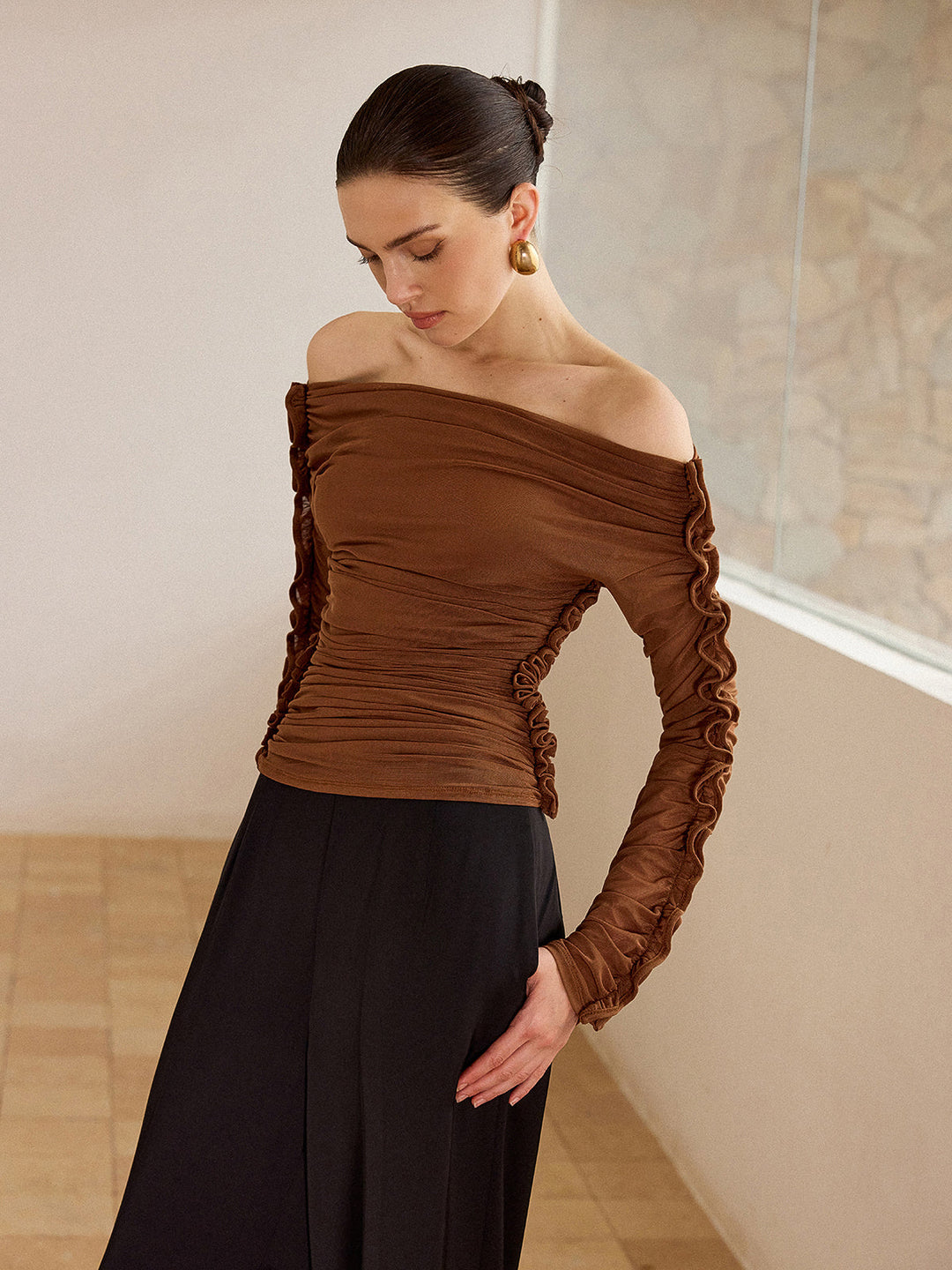 Off-Shoulder Ruched Top with Ruffled Sleeves  Liora Lane Boutique T-Shirts