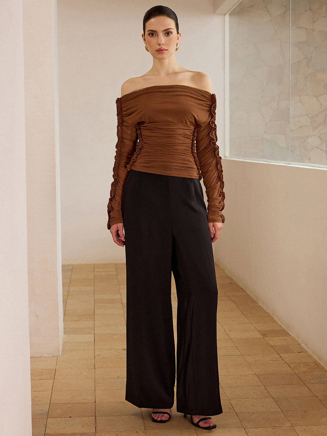 Off-Shoulder Ruched Top with Ruffled Sleeves  Liora Lane Boutique T-Shirts