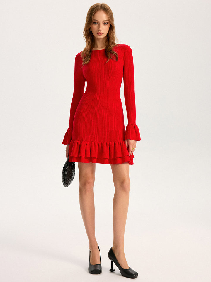 Wool Blend Knit Ruffled Flared Sleeve Mini Dress  Liora Lane Boutique Dresses