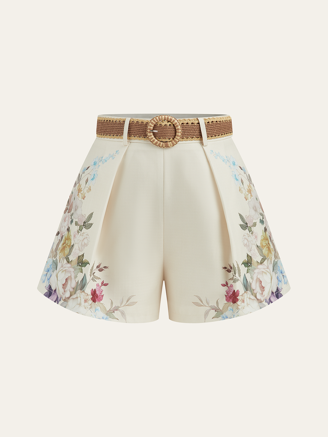 Floral Printed Belted Mid-Waist Shorts  Liora Lane Boutique Shorts Off-White / XL 42.00