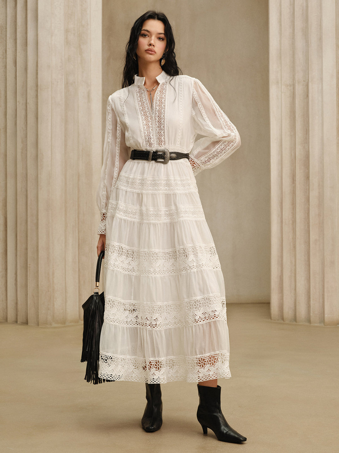 Semi-Sheer Lace Panel Maxi Dress without Belt  Liora Lane Boutique Dresses