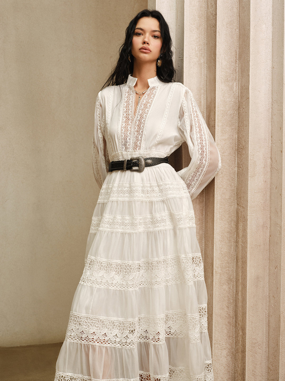 Semi-Sheer Lace Panel Maxi Dress without Belt  Liora Lane Boutique Dresses