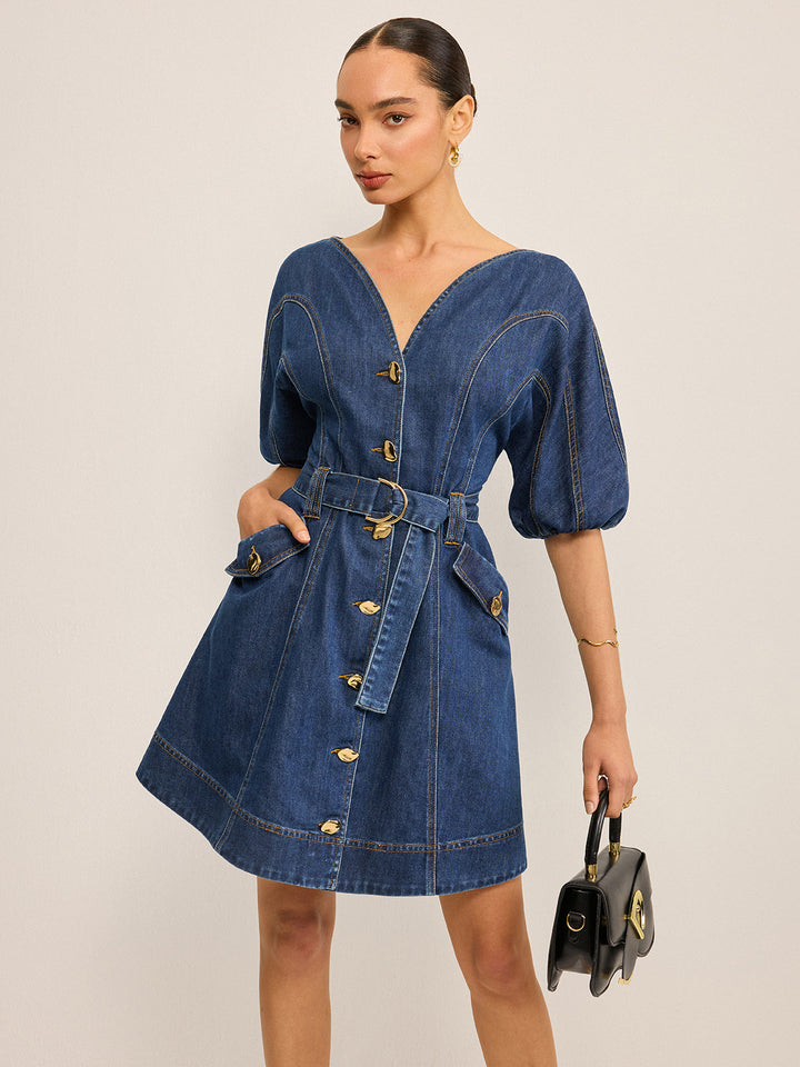 Pocketed Belted Denim Dress  Liora Lane Boutique Dresses Blue / XL 84.99