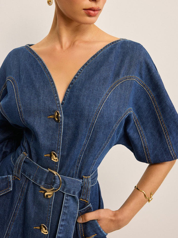 Pocketed Belted Denim Dress  Liora Lane Boutique Dresses