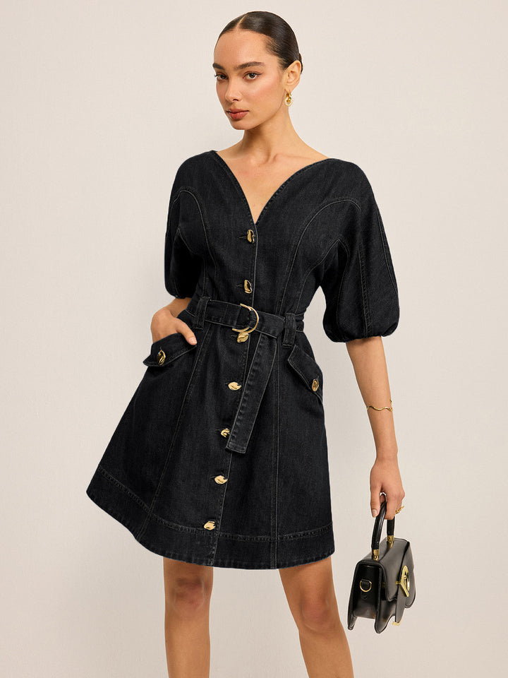 Pocketed Belted Denim Dress  Liora Lane Boutique Dresses Black / XL 84.99
