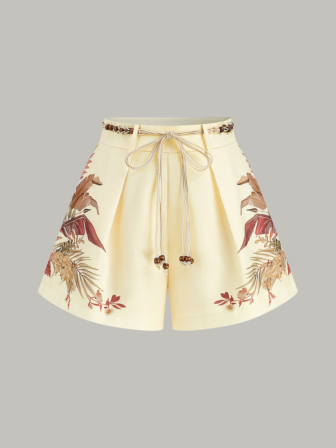 Belted Tropical Print Mid-Waist Shorts  Liora Lane Boutique Shorts LightYellow / XL 35.00