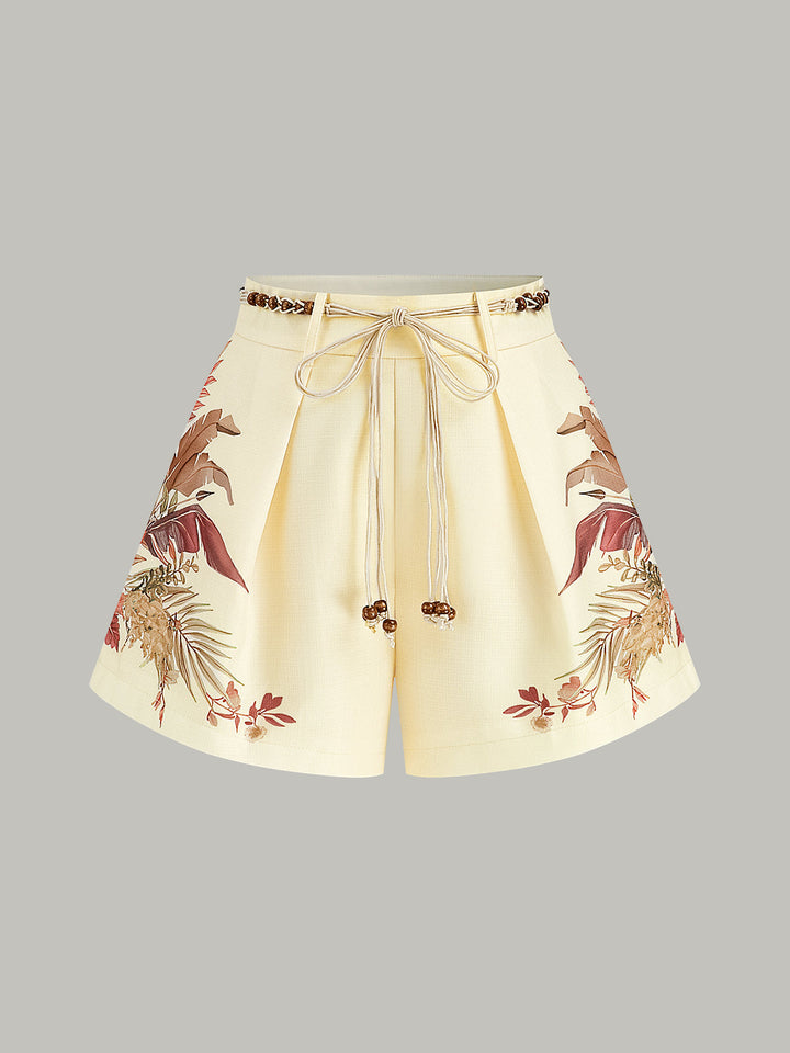 Belted Tropical Print Mid-Waist Shorts  Liora Lane Boutique Shorts LightYellow / XL 35.00
