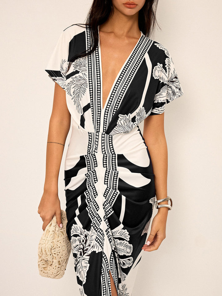 Printed Deep V-Neck Midi Dress Without Belt  Liora Lane Boutique Dresses