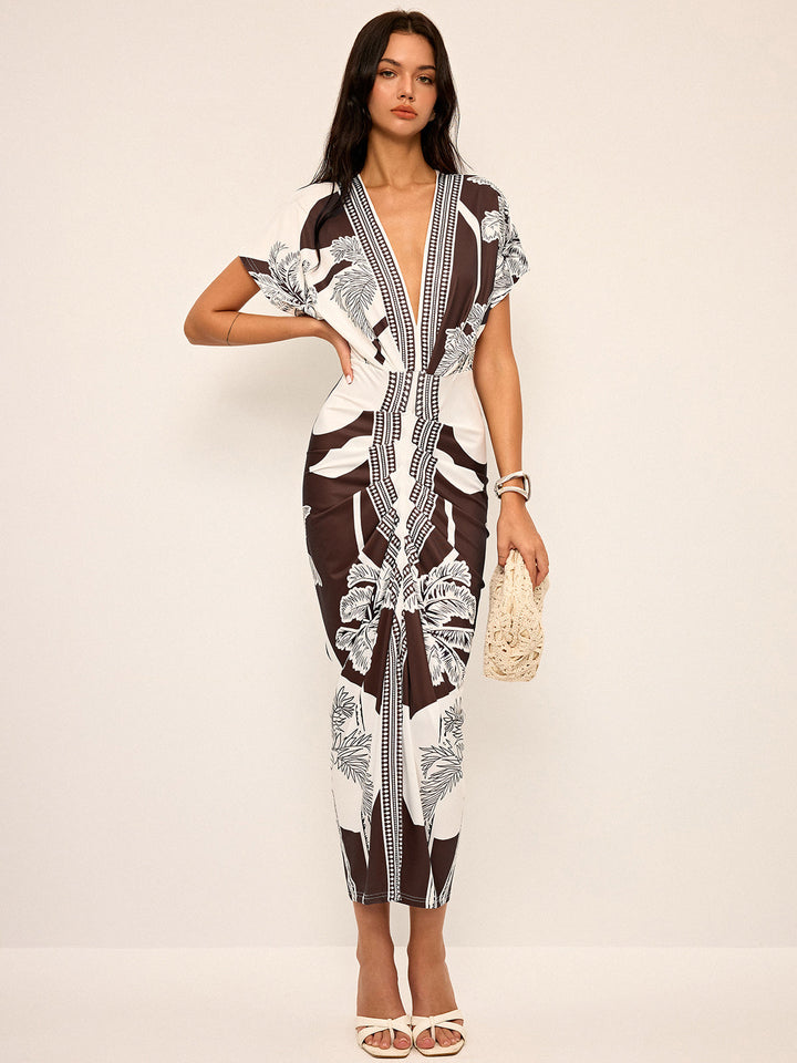Printed Deep V-Neck Midi Dress Without Belt  Liora Lane Boutique Dresses