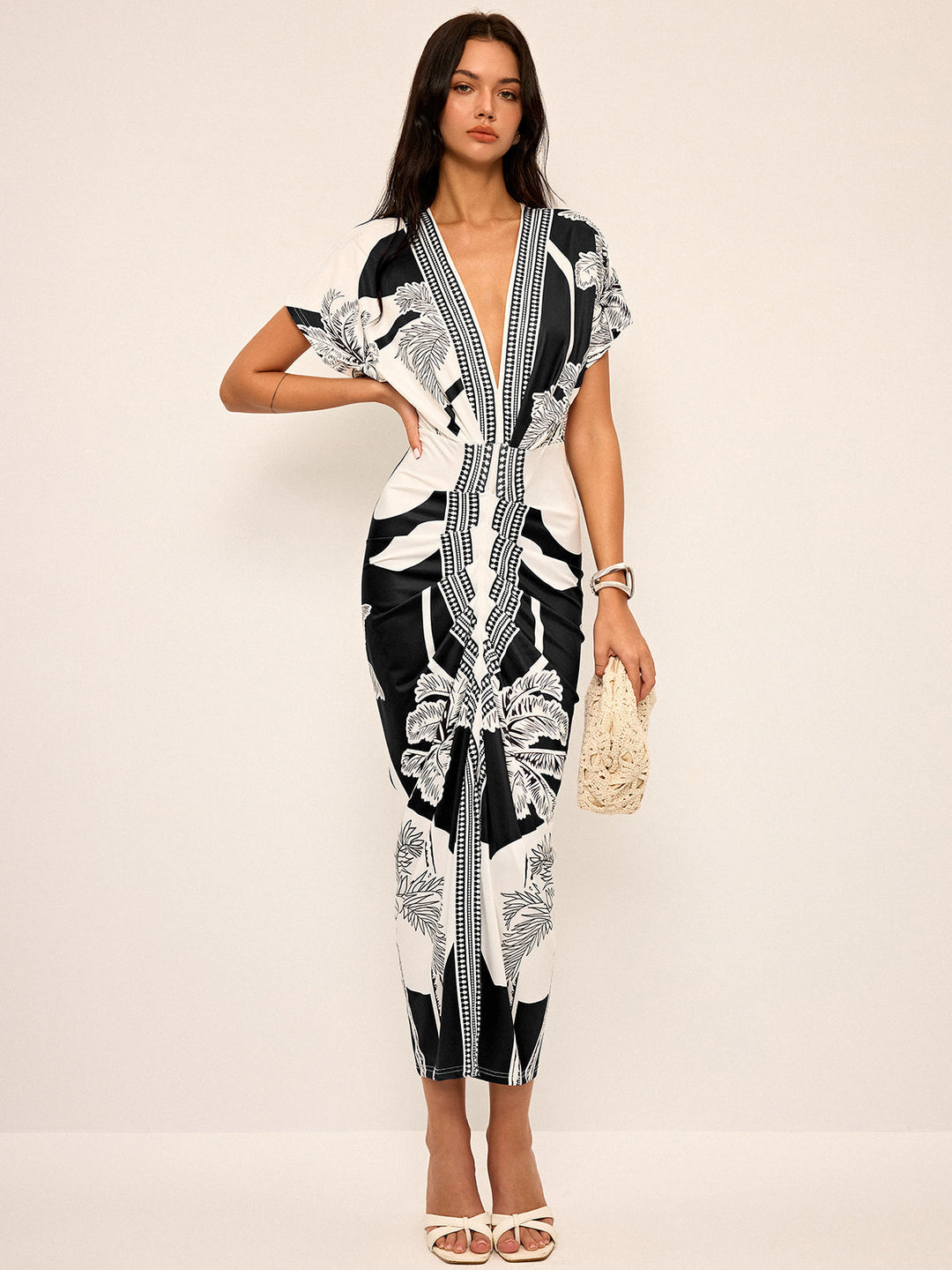 Printed Deep V-Neck Midi Dress Without Belt  Liora Lane Boutique Dresses Black / XL 35.00