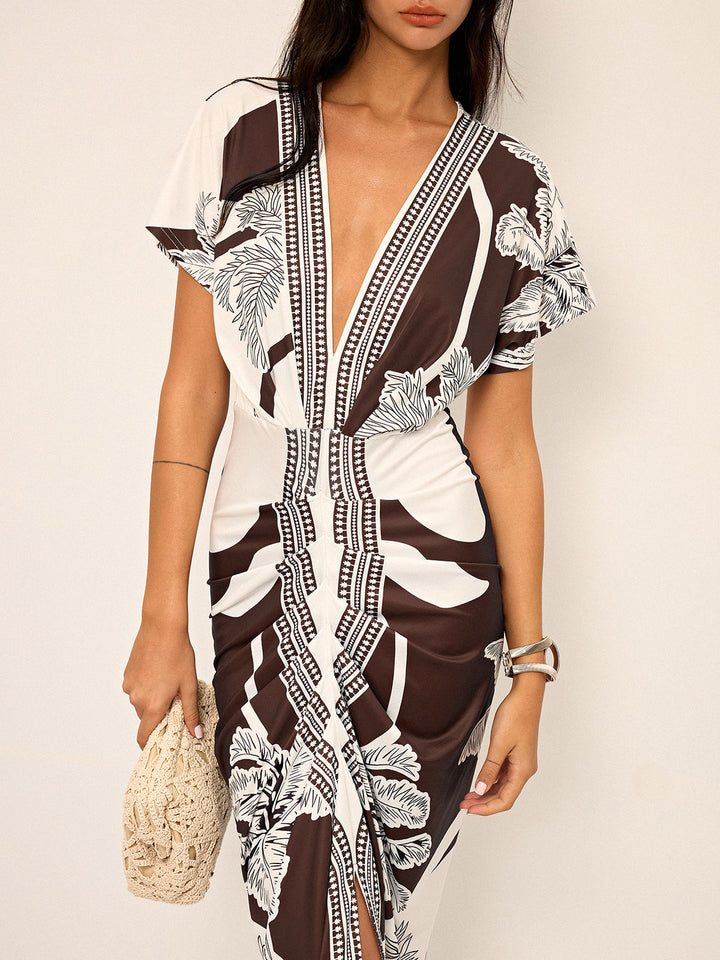 Printed Deep V-Neck Midi Dress Without Belt  Liora Lane Boutique Dresses Dark Brown / XL 35.00
