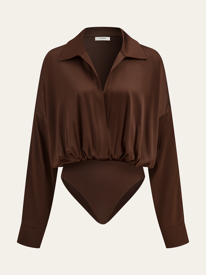 Satin Collared Long Sleeve Bodysuit  Liora Lane Boutique Bodysuits Dark Brown / XL 35.00