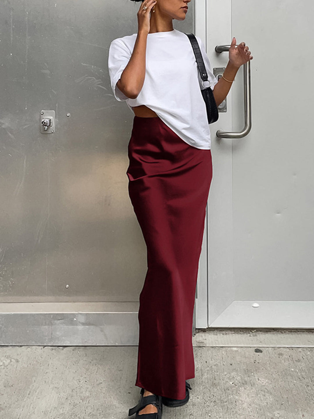 Utility Satin Maxi Skirt  Liora Lane Boutique Skirts Burgundy / XL 35.00