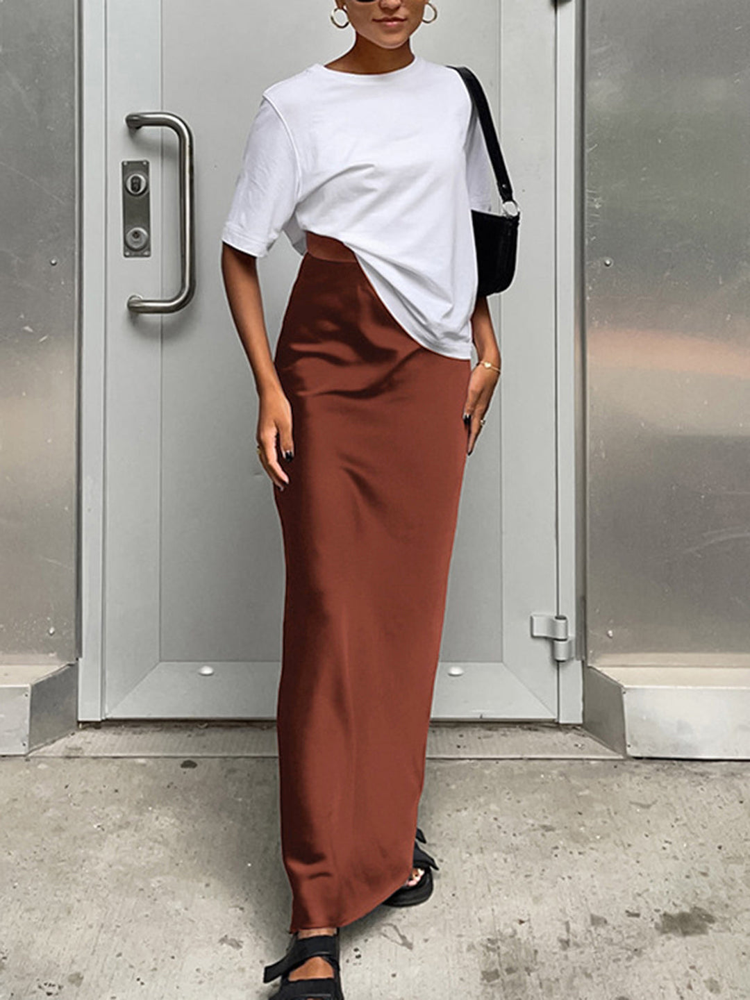 Utility Satin Maxi Skirt  Liora Lane Boutique Skirts Dark Brown / XL 35.00
